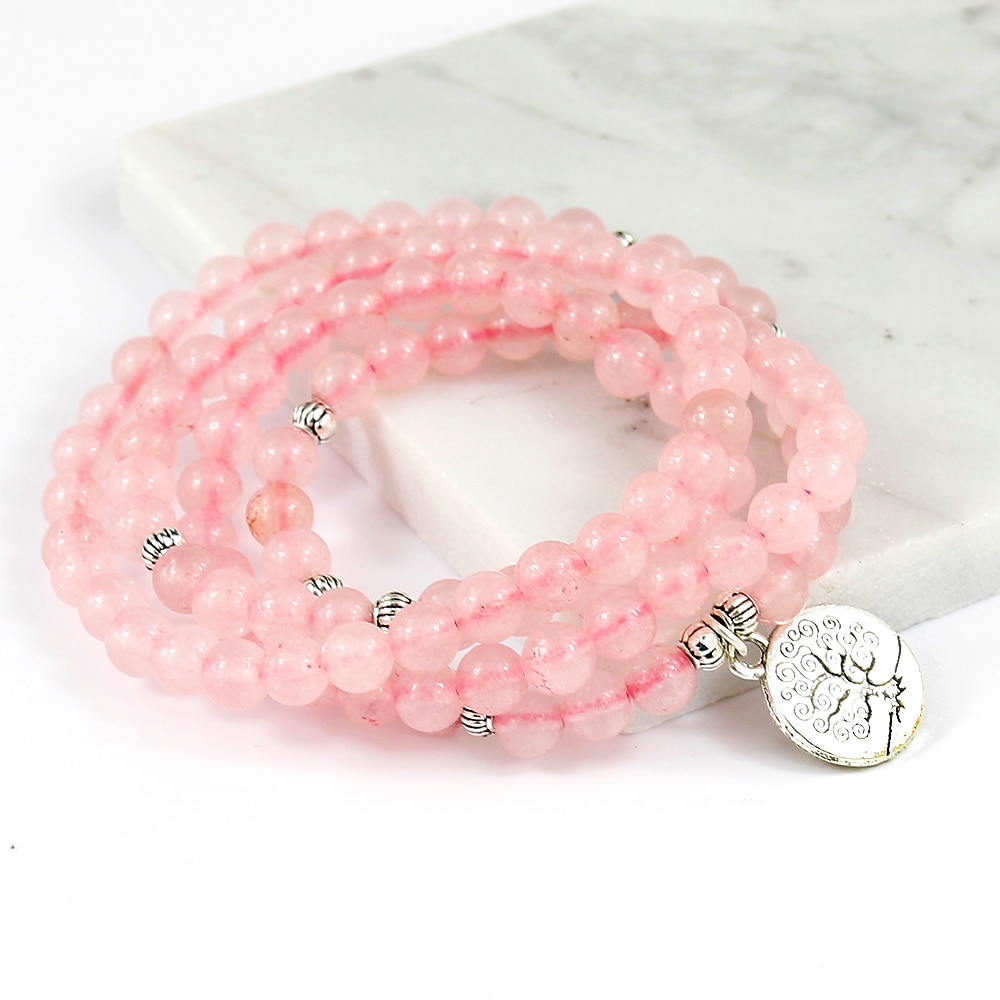 Pink Beads Buddhist Buddha Meditation 6mm 108 Beads Natural Stone Prayer Bead Bracelet Women Jewelry Women Stretch Yoga Jewelry