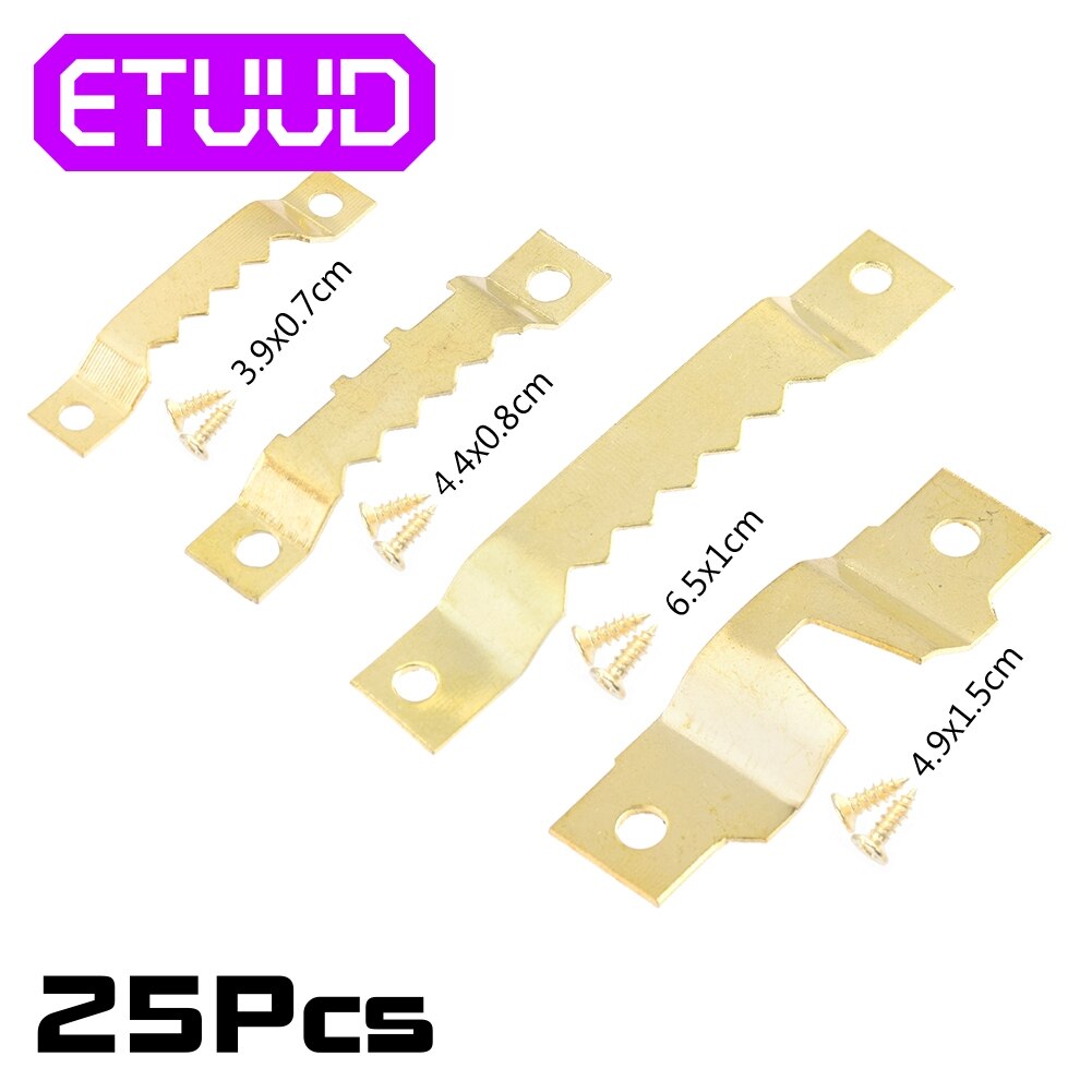 25 stuks gouden fotolijsthaken zaagtand zaagtandhangers canvaslijst ophanghaken dubbel gat met schroeven
