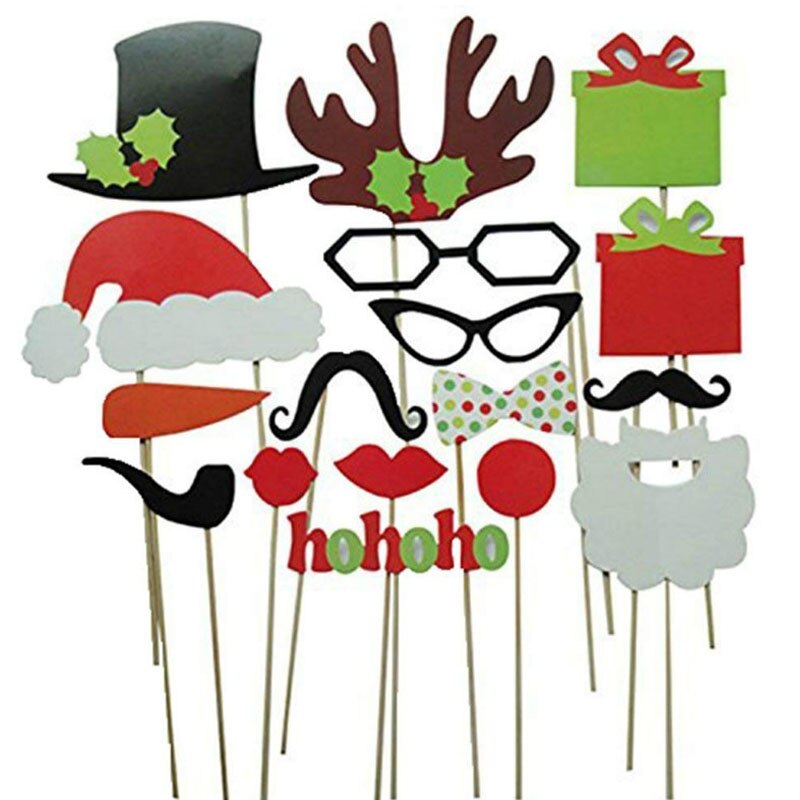 Jul fotoboks rekvisitter kit masker læber hat skæg glædelig jul snemand bryllup jul fest dekoration godt år forsyning: 17 stk