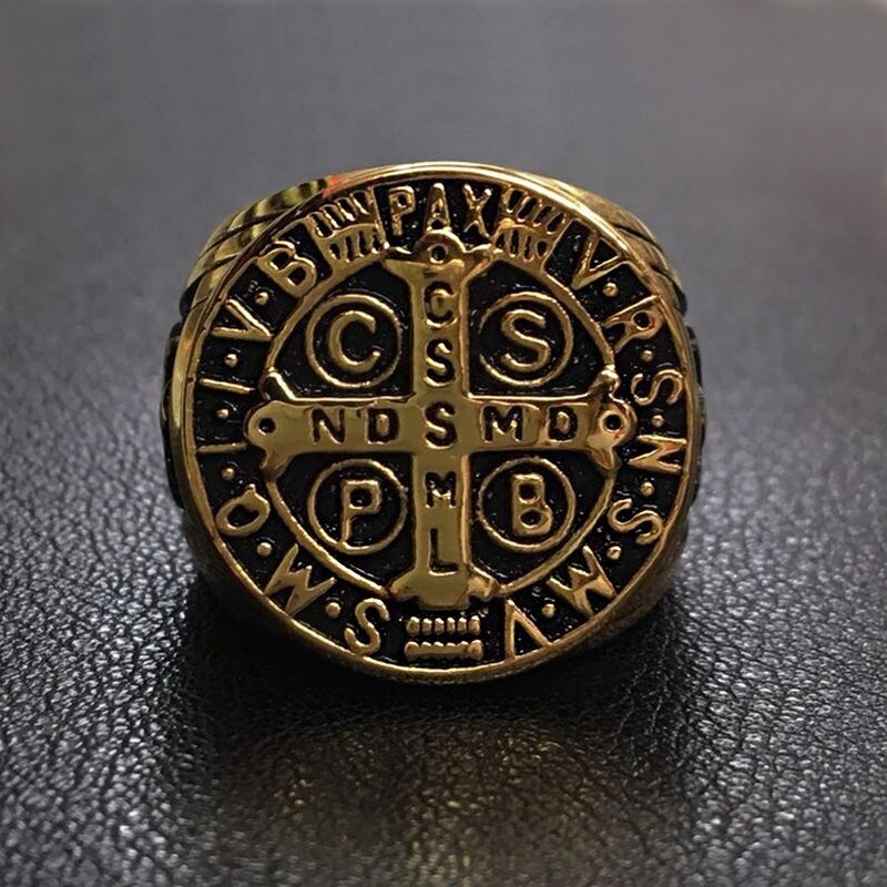Stainless Steel St. Benedict&#39;s Exorcism Cross Ring CSPB Cross Gold Men&#39;s Stainless Steel Ring