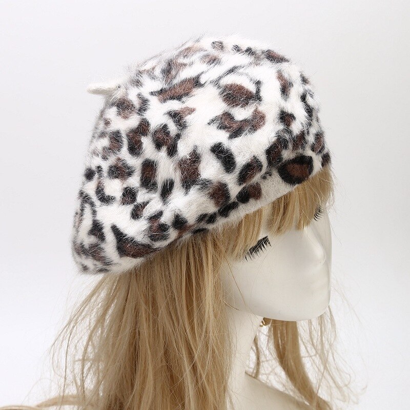 Boinas de leopardo con pelo de conejo peludo para mujer, sombreros de punto con estampado de animales, cálidos y acogedores, novedad, , invierno,