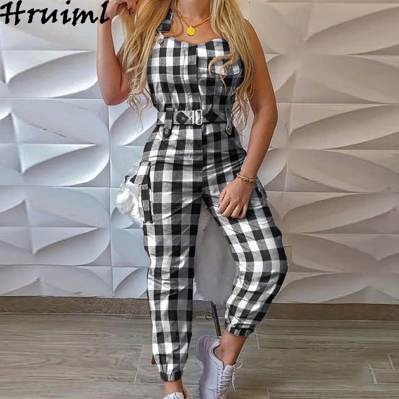 Rutiga jumpsuits overaller för kvinnor ärmlösa slingbågar hög midja ficka romper ledig outfit monos mujer: Xl