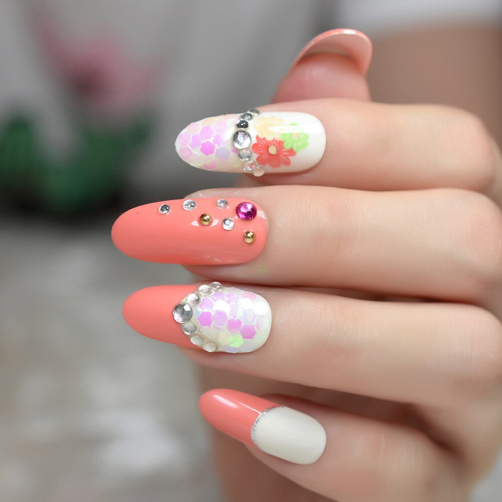 Long rond français acrylique faux ongles blanc Orange fleur faux ongles avec strass décoration presse sur ongles Z949