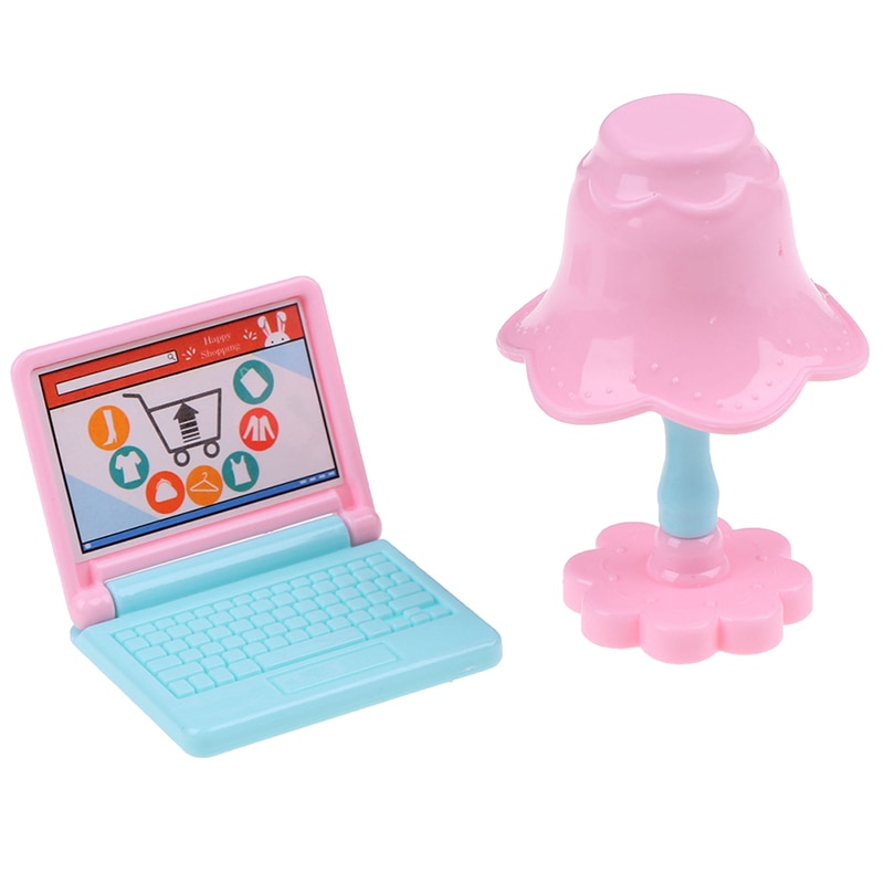 Leuke Miniatuur Meubels Pop Rollenspel Props Werktafel Tafellamp + Computer Pop Accessoires