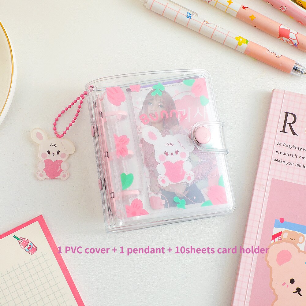 3Holes Mini PVC Loose Leaf Diary Transparent Pocket Small Journal Traveler Notebook Cute Cartoon DIY Planner Set: new pink set