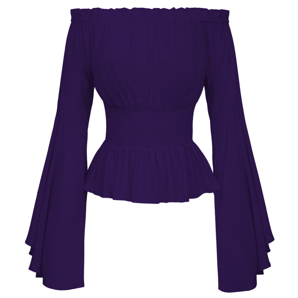 Women Medieval Renaissance Solid Color Bell Sleeve Ruffled Off Shoulder Blouse for Halloween: Purple S M