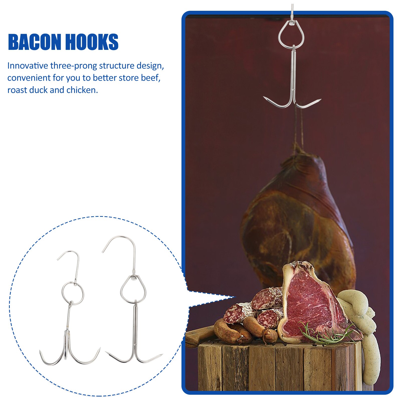 2pcs Hooks Meat Processing Hooks Grill Hooks Roast Lamb Hooks Hams Hooks for Indoor Supermarket Home