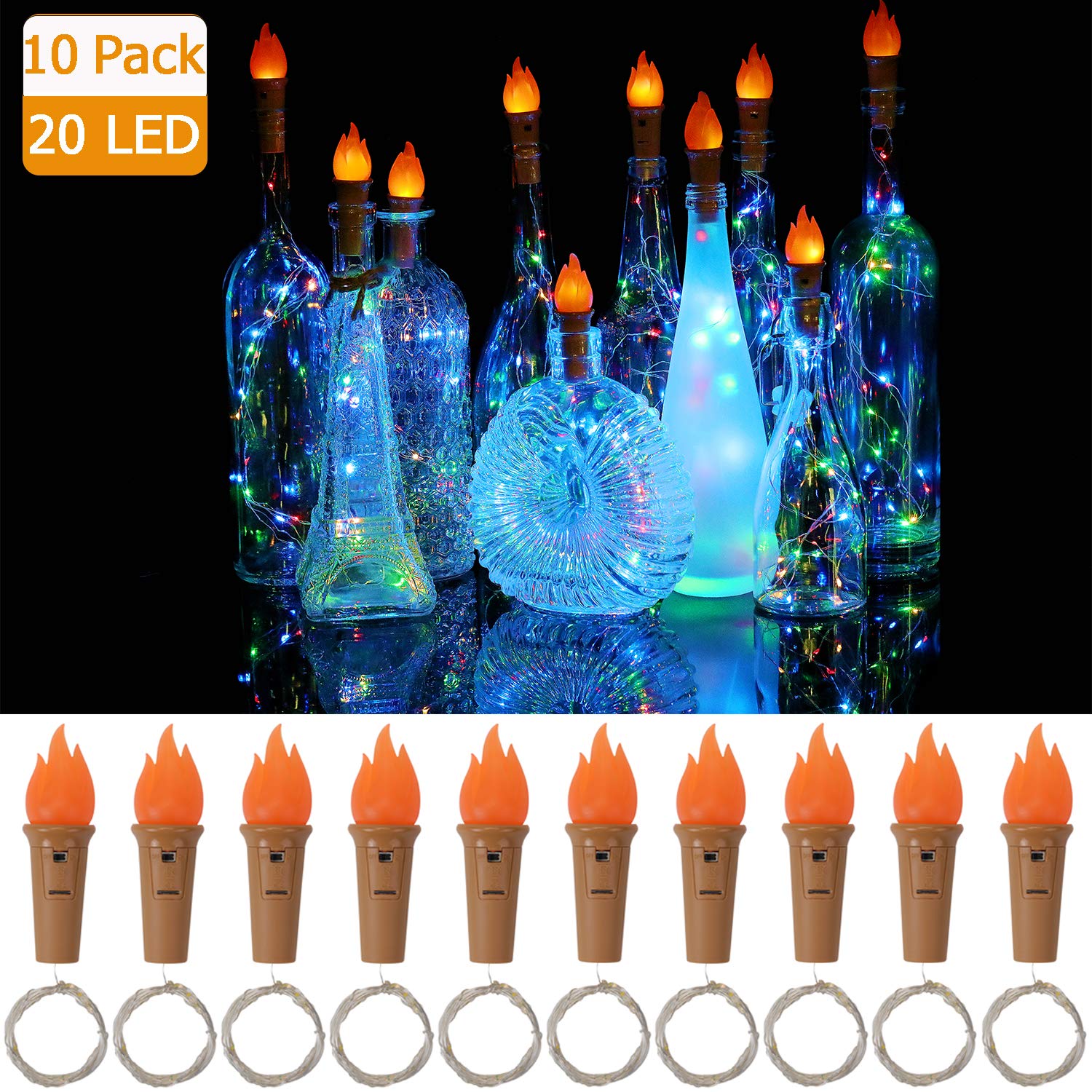 Luces de botella con forma de antorcha y corcho, 20 luces led para botella de vino, cadena de luces con batería, alambre de cobre, luces de hadas estrelladas, decoración para fiestas navideñas.: Rgb