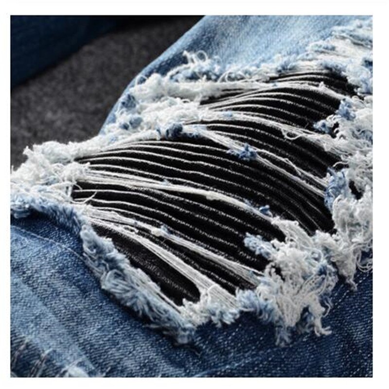 Men's PU leather patchwork ripped biker jeans Patch slim skinny stretch denim pants