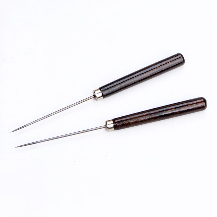 Wooden Handle Steel Awl Hand Stitching Taper DIY Cloth Leather Sharp Puncher Handcraft Knitting Sewing Needle Gadget Dia 2mm
