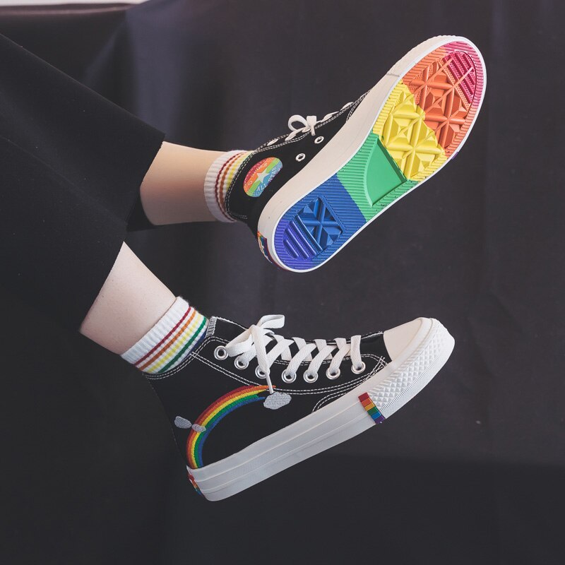 Wit Sneakers Hoge Schoenen Vrouwen Ademend Canvas Regenboog Zool Gevulkaniseerd Schoenen Lopen Jogging Casual Mode Platte Schoenen