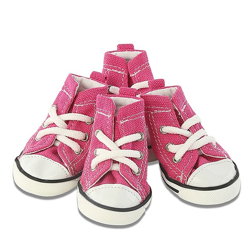 4PCS Denim Dog Shoes Breathable Pet Dogs Canvas Shoes Teddy Boot Skidproof Outdoor Casual Canvas Puppy Sneakers Pet Products: Rose / XXL