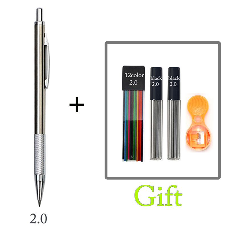 2.0 Mm Mechanical Pencil Full Metal Automatic 2mm Color Pen School Black Lead Color Refill For Painting Engineering Drawing: Light Grey