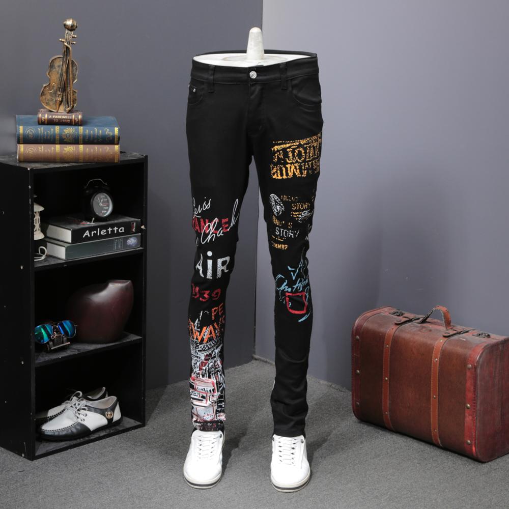 Streetwear heren jeans zwarte kleur slim fit elastische persoonlijkheid bedrukte jeans maat 28-42 hiphop jeans heren potloodbroek