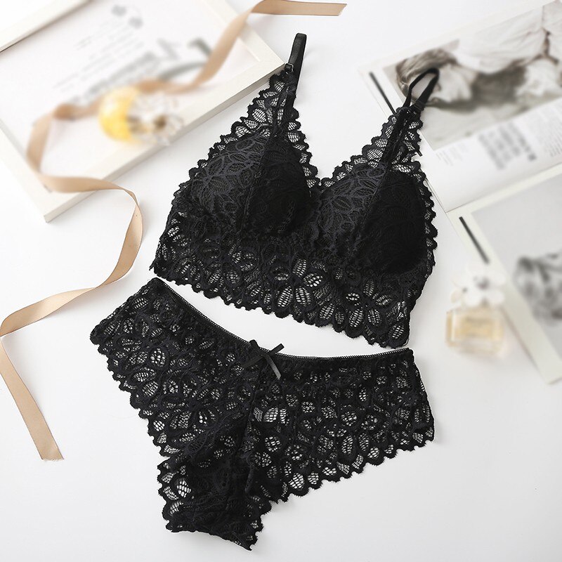 Conjuntos de sujetadores para mujer, ropa interior cómoda con encaje calado sin aros, traje de dos piezas de ropa interior para mujer, conjuntos de sujetadores para mujer: Black