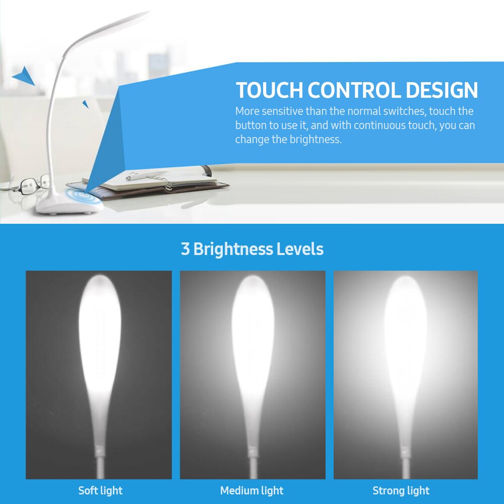 USB Charging Port LED Desk Lamp Eye-caring Lamp /TouchControl/3 Brightness Levels/No Flicker/360° Adjustable LED Desk Lamp
