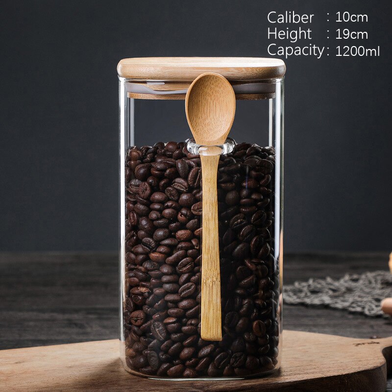 Caixa de armazenamento de cozinha de 800-1200ml tamanho, usando vidro transparente selado enlatado frasco de feijão de café de doces, com colher e tampa de bambu: Style3