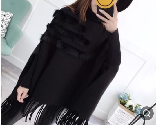 Cape à franges ample tricot | Glands, Cape, Poncho, châle manches chauve-souris, tricot col roulé veste Pashmina: Black