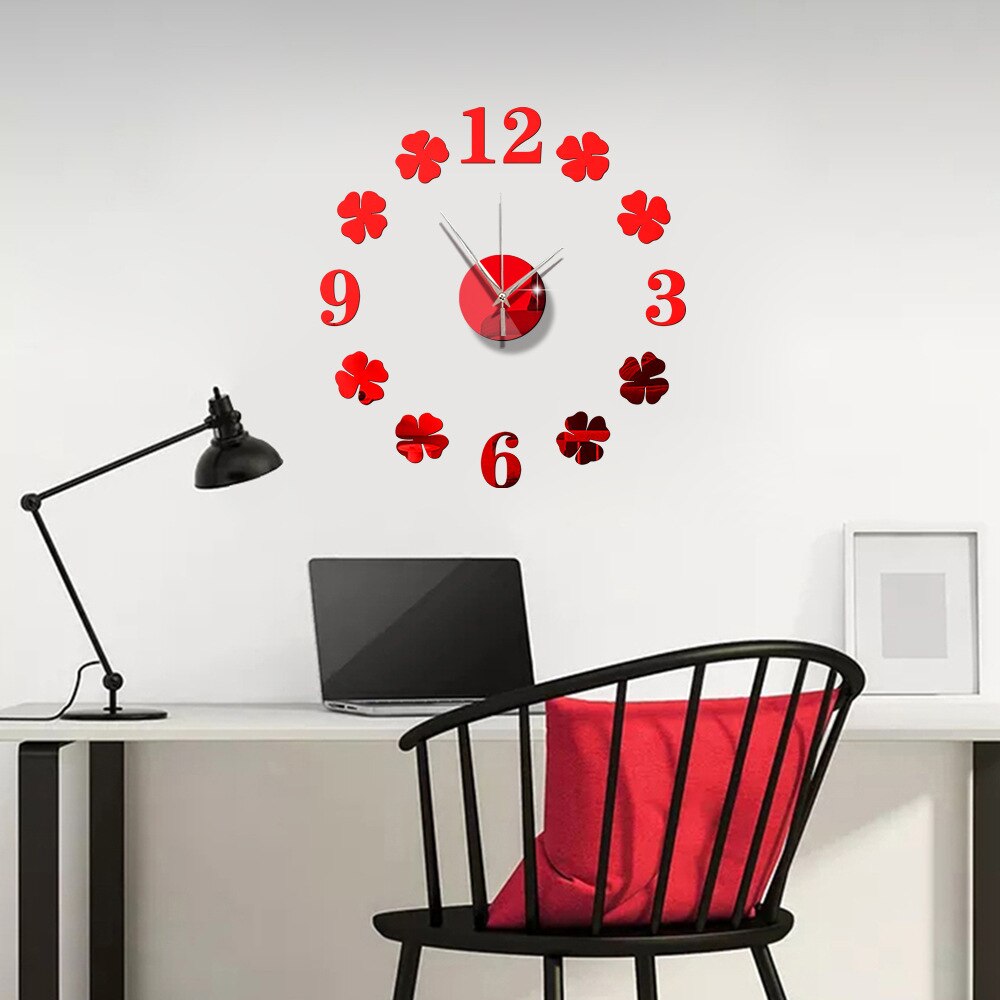 Creatieve Diy Lucky Klavertje Vier Acryl Muurstickers Wandklok Wandklok Home Decoratie Spiegel Mute Wandklok: Red