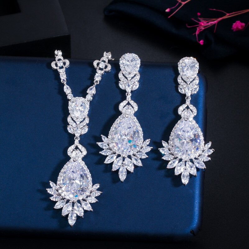 CWWZircons AAA Quality Cubic Zirconia Big Royal Blue Bridal Wedding Evening Earring Necklace Jewelry Set For Women T064