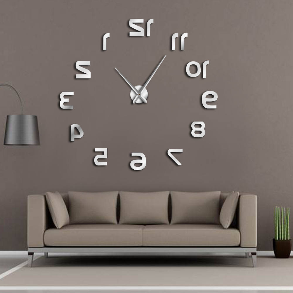 Achterwaarts 3D DIY Grote Wandklok Moderne Reverse Nummers Frameloze Tijd Horloge Luxe Spiegel Effect Grote Naald Omgekeerde Klok