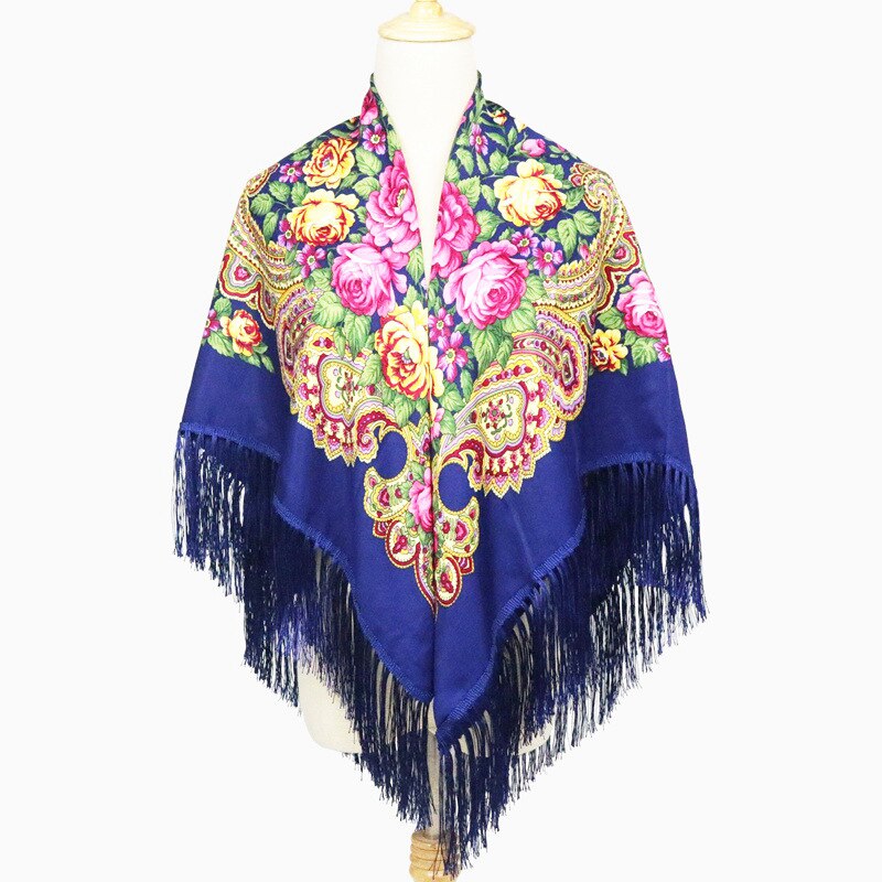 Suda – châle de Style russe, grande taille, en coton, grande écharpe carrée, romantique, National: Sapphire / 135135