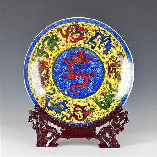 Fengshui Art Keramische Sier Plaat Oude Chinese Negen Draken Decoratie Hout Base Porselein Traditionele Chinese Plaat Set: dragon hook plate
