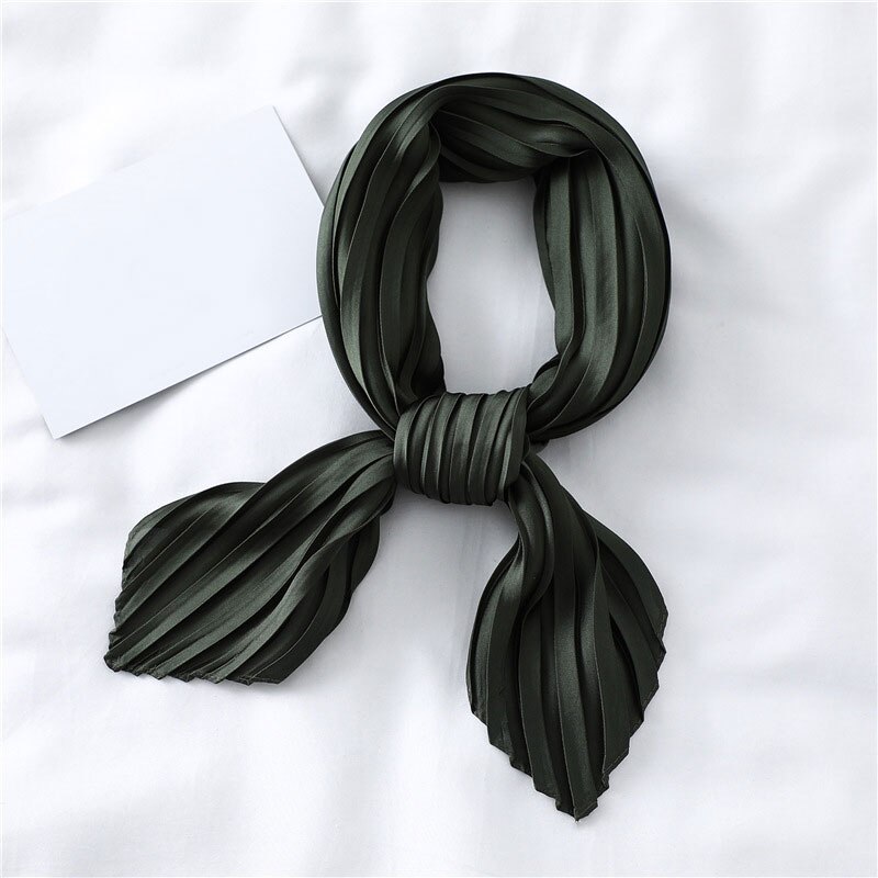 Silk Pleated Scarf Square Scarf For Women Small Scarves Soft Satin Neckerchief Decorative Headscarf Solid Hair Scarf Summer: dark green