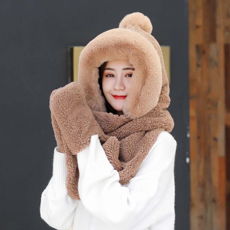 H7733 Women Bomber Hat Female Winter Student Warm Plus Cute Plush Neck Ear Protection Cap Girl Pure Color Thick Soft Lovely Hats: Coffee