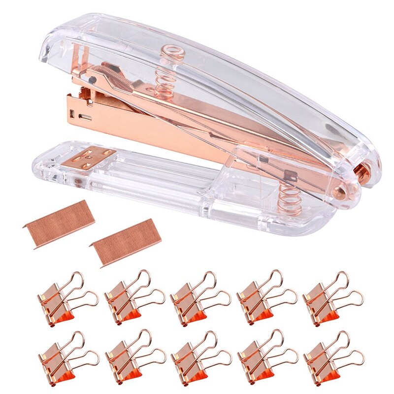 Rose Gold Stapler Acrylic Desktop Stapler with 1000 PCS Rose Gold Staples and 10 Pieces Blinder Clips for Office School Home Acc: Default Title