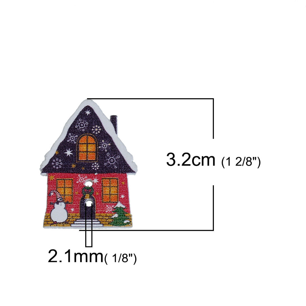 DoreenBeads Wood Buttons 2 Holes Christmas House Shape Snowman & Christmas Tree Painted 3.2cm x2.4cm(1 2/8" x1") 30 PCs