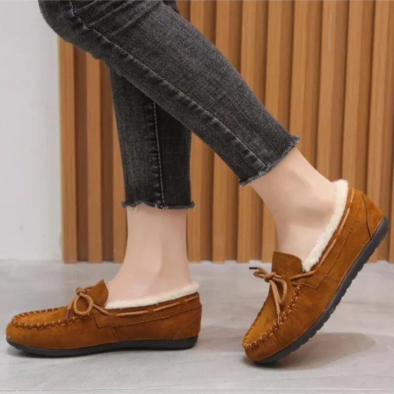 Vinterskor dam casual platta skor dammockasiner mjuka loafers komfort varma plysch rosett slip on dambomullsskor