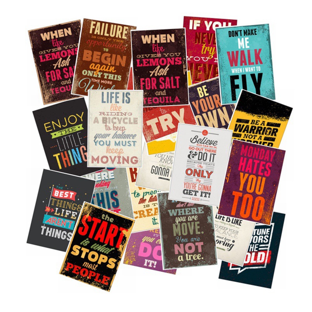 25pcs/Pack Motivational Typography Life Quotes Retro Stickers For Laptop Notebook Diary Decal Laptop Bedroom Wall Stickers Toys