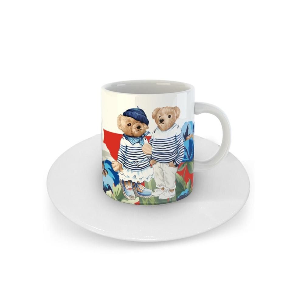 Bear Family Blauw Wit Magnolia Patroon Turkse Koffie Espresso Cup