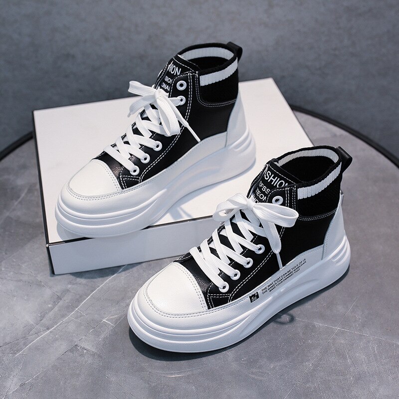 Frauen Turnschuhe Leder Plattform Schuhe Frühling Koreanische Weiße Turnschuhe Damen Spitze hoch hoch oben Turnschuhe Vulkanisierte Schuhe Frauen: Schwarz / 7