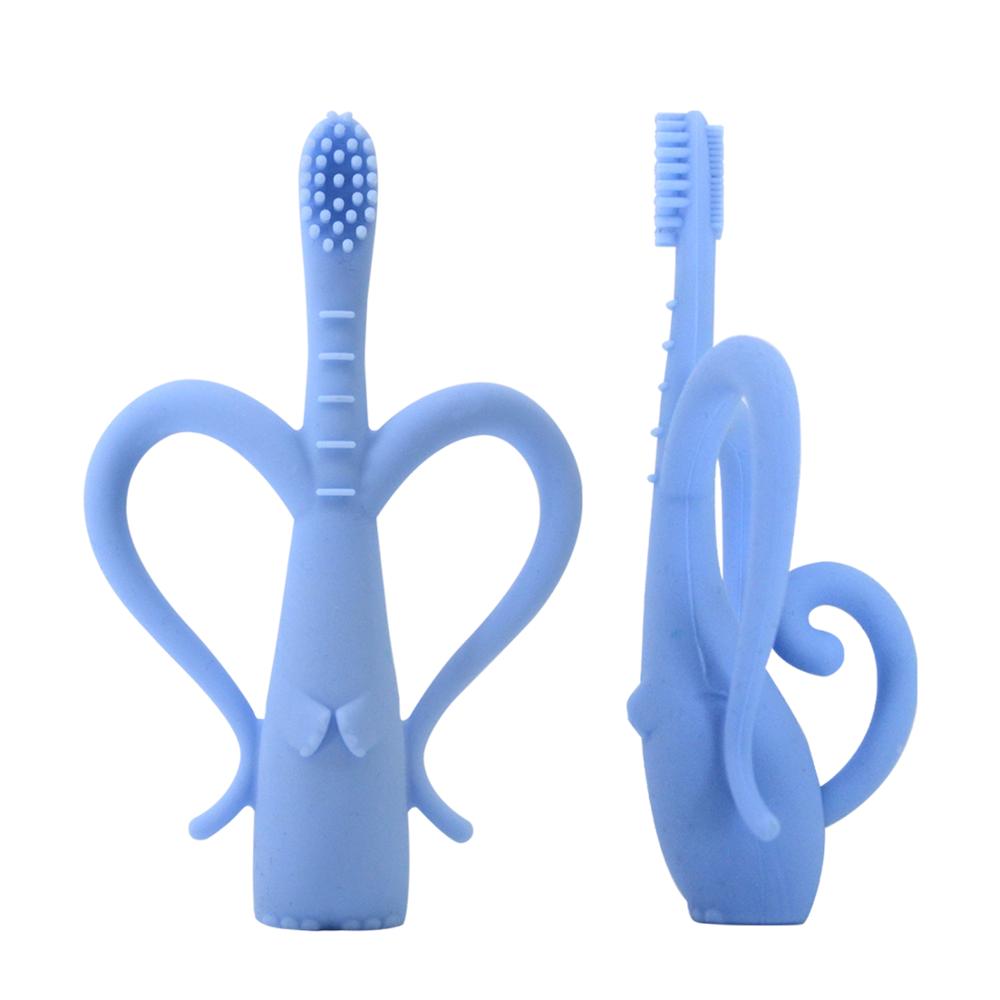 Baby Silicone Elephant Toothbrush Baby Training Silicone Super Soft Head Cute Toothbrush Set Protect Oral Care Tools: Blue