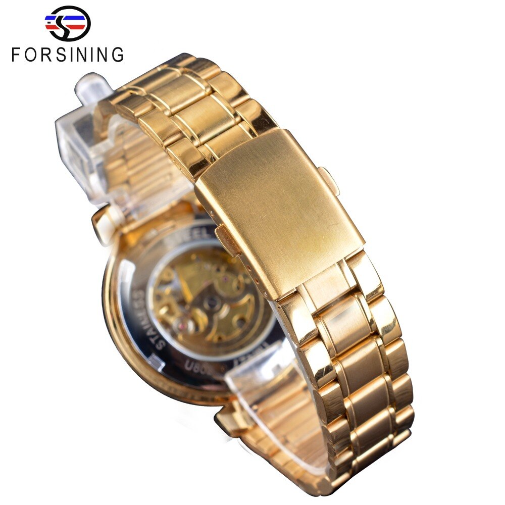 Forsining Creatieve Horloge Golden Rvs heren Horloge Topmerk Luxe Automatische Skelet Polshorloge Lichtgevende Klok