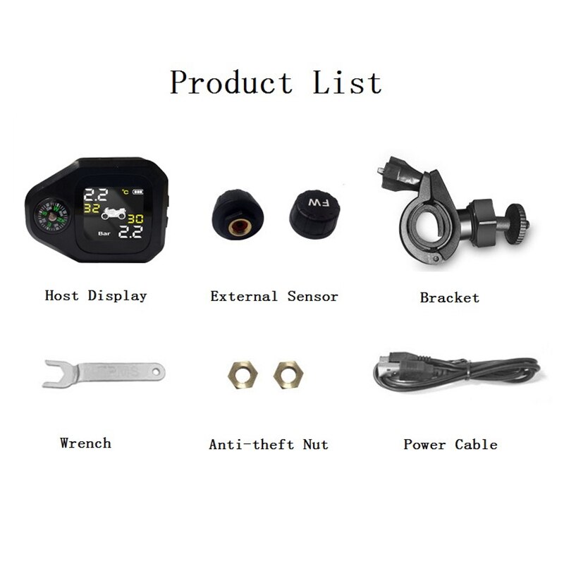 USB Solar Charging Motorcycle TPMS with Compass Tire Pressure Temperature Monitor Alarm System with 2 External Sensors