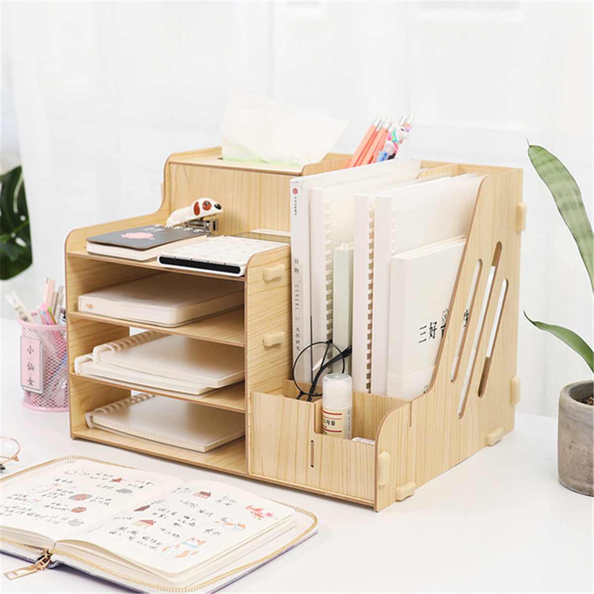 Multifunctional Desktop Office Organizer Storage Box Pen Pencil Box Jewelry Makeup Holder Stationery Brown Office Storage Rack