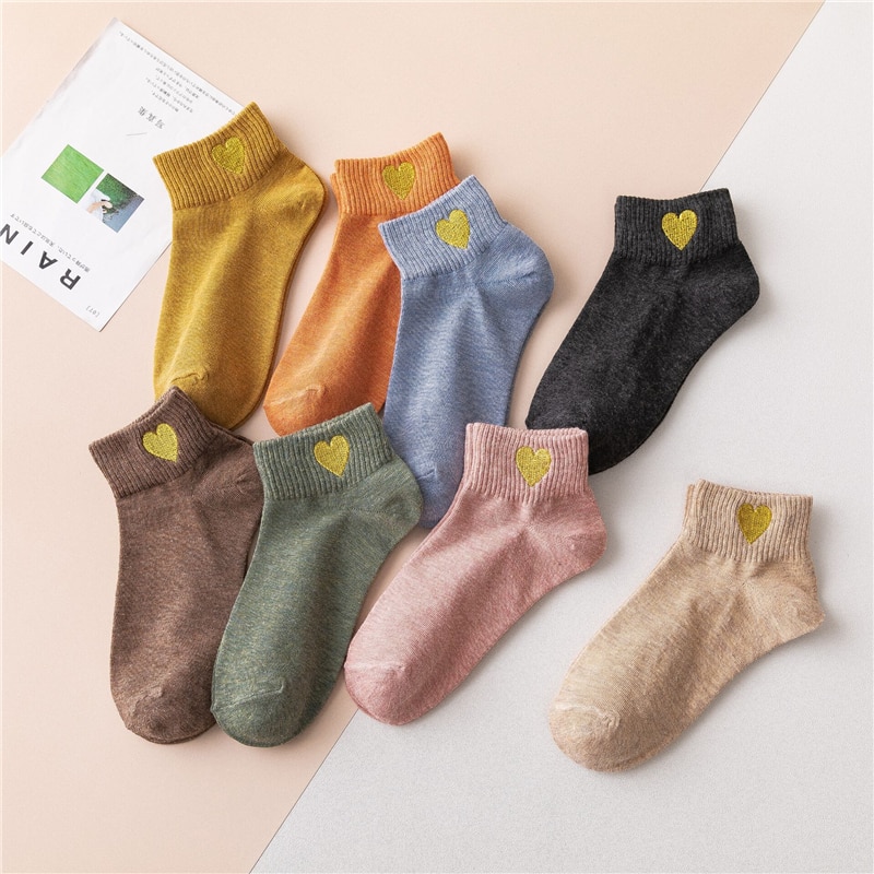 10 paar geborduurde sokken met hartjes voor dames, effen katoen, snoepkleur, harajuku, schattig, casual, studentensokken voor meisjes, korte sokken