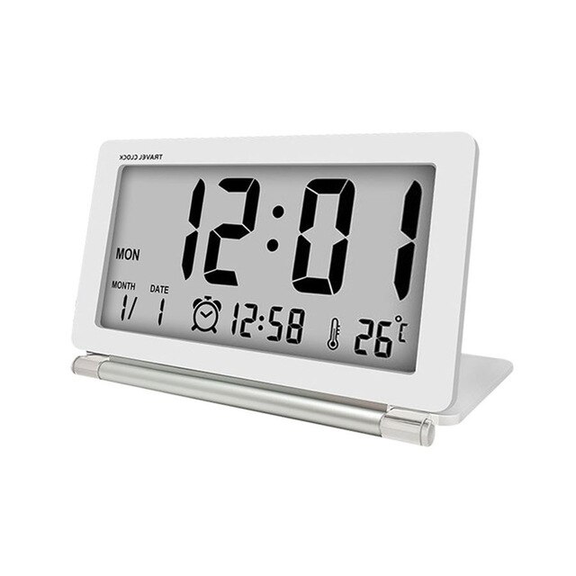 Led digitale wekker reis multifunctionele lcd-scherm digitale tafelklok met thermometer opvouwbare elektronische reisklok: Wit