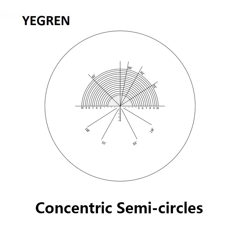 Calibração concêntrica do retículo dos semi-círculos para o microscópio micrômetro do ocular do diâmetro 20 mm medição do ângulo de 180 graus