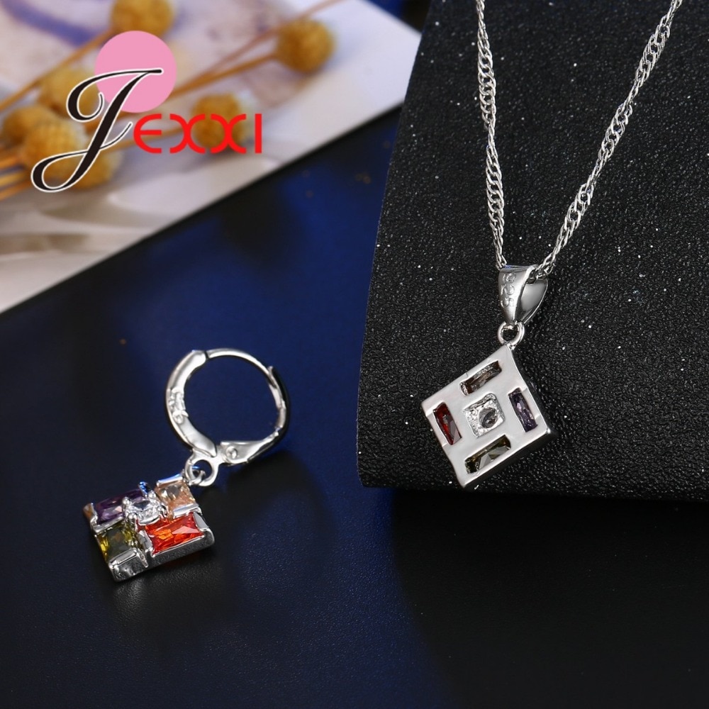 Gorgeous Rainbow CZ Pendente Charm Original 925 Sterling Silver Wedding Jewelry Sets Women Pendant Necklace Hoop Earrings