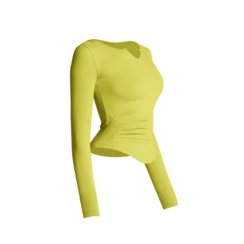 Sportliches t-shirt, langärmeliges crop-top, yogashirt mit daumenlöchern, sportbluse, trainingstop, fitnessweste, damen-yogabekleidung: Gelbes langes hemd / S