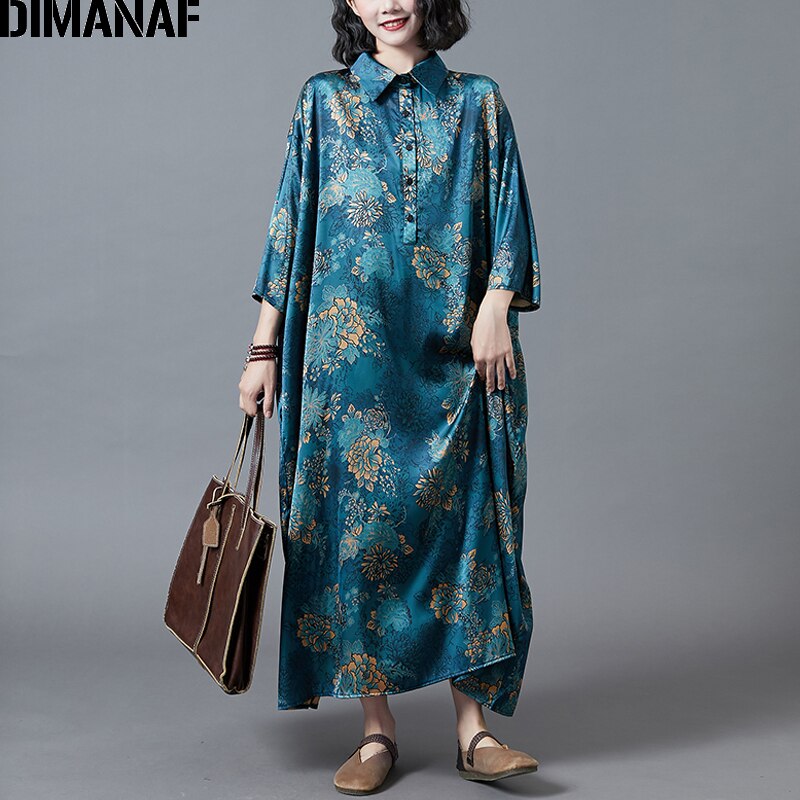Dimanaf plus size kvinder kjole dame vestidos vintage tøj silke løst afslappet print blomstret maxi kjole efterår 5xl 6xl: Xxxl