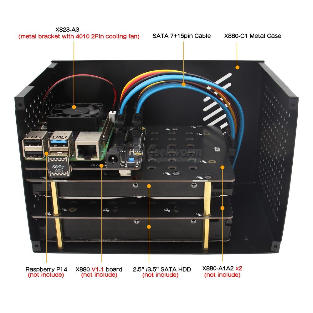 Geekworm – boîtier métallique X880-C1 avec ventilateur de refroidissement pour Raspberry Pi 4 et X880 Dual 2.5 &quot; / 3.5&quot; SATA (RPi &amp; X880 non inclus)
