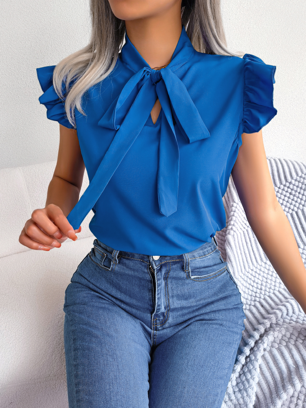 Blusa de gasa de manga corta con volantes y lazo informal de verano para mujer: XL / Azul