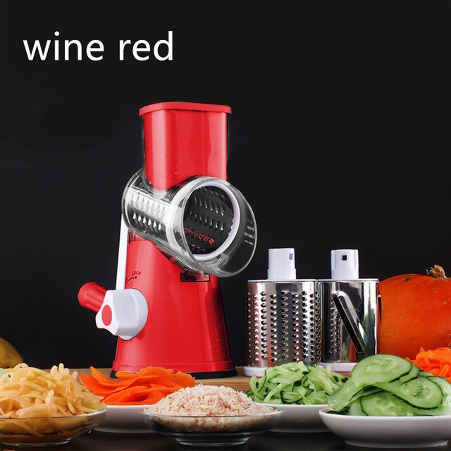 Handleiding Groente Cutter Keuken Tool Ronde Mandoline Slicer Aardappel Wortel Rasp Snijmachine met 3 Rvs Chopper Messen 5Z: red
