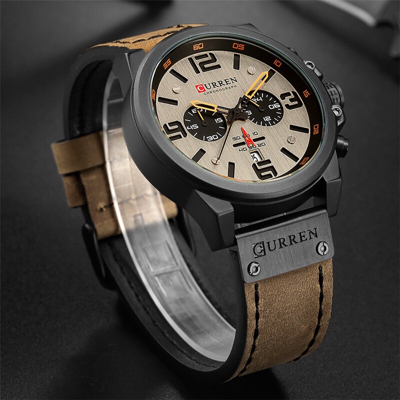 Curren Top Luxe Mannen Sport Horloge Waterdicht Lederen Band Quartz Klok Chronograaf Datum Horloge Relogio Masculino 8314