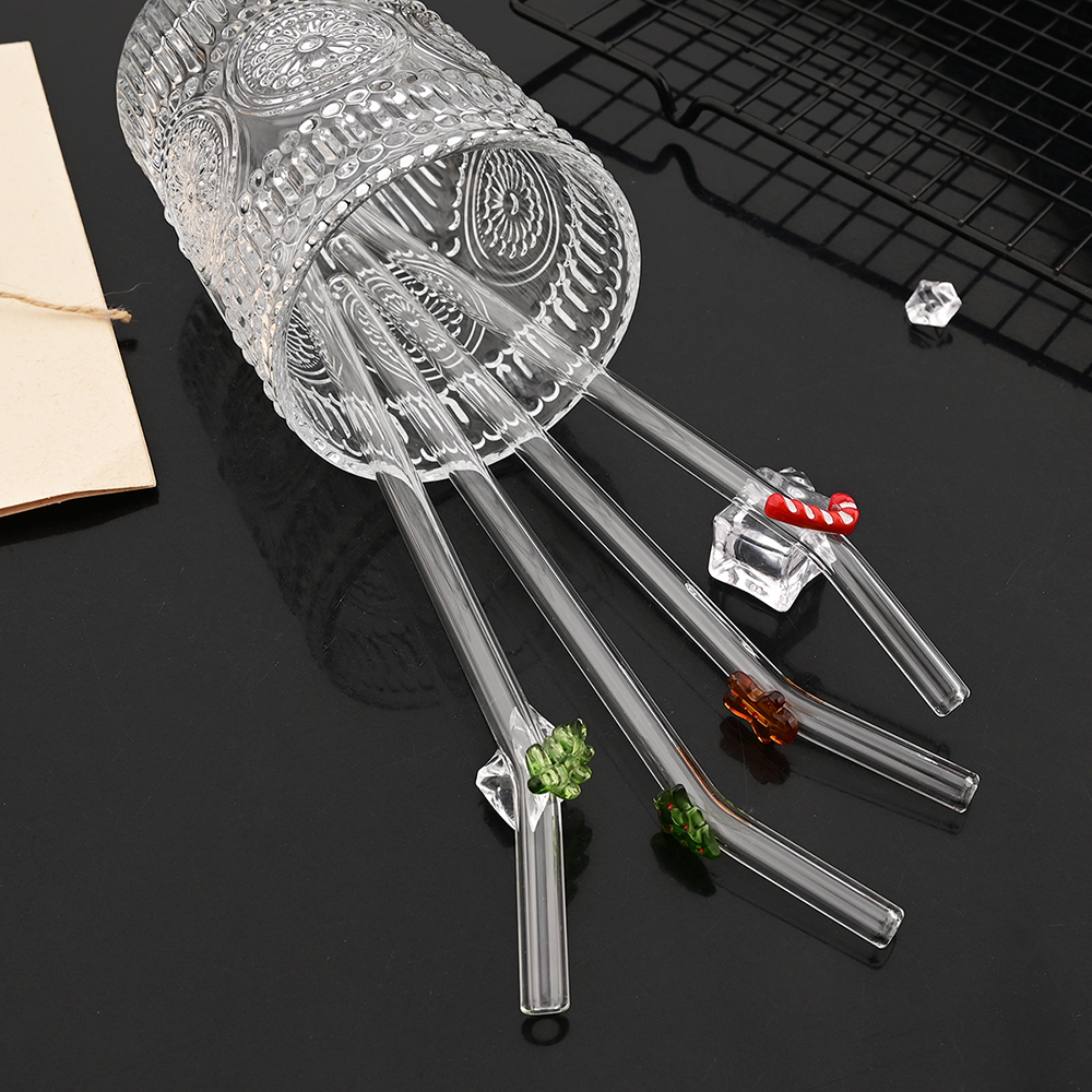 8 szt. Świąteczne Szklane Słomki robić Mleka, Herbaty, Soków, Koktajli z Szczoteczką, Zestaw Szklanych Słomek z Wysokiej Jakości Szkła Borokrzemowego, Akcesoria Kuchenne i Barowe